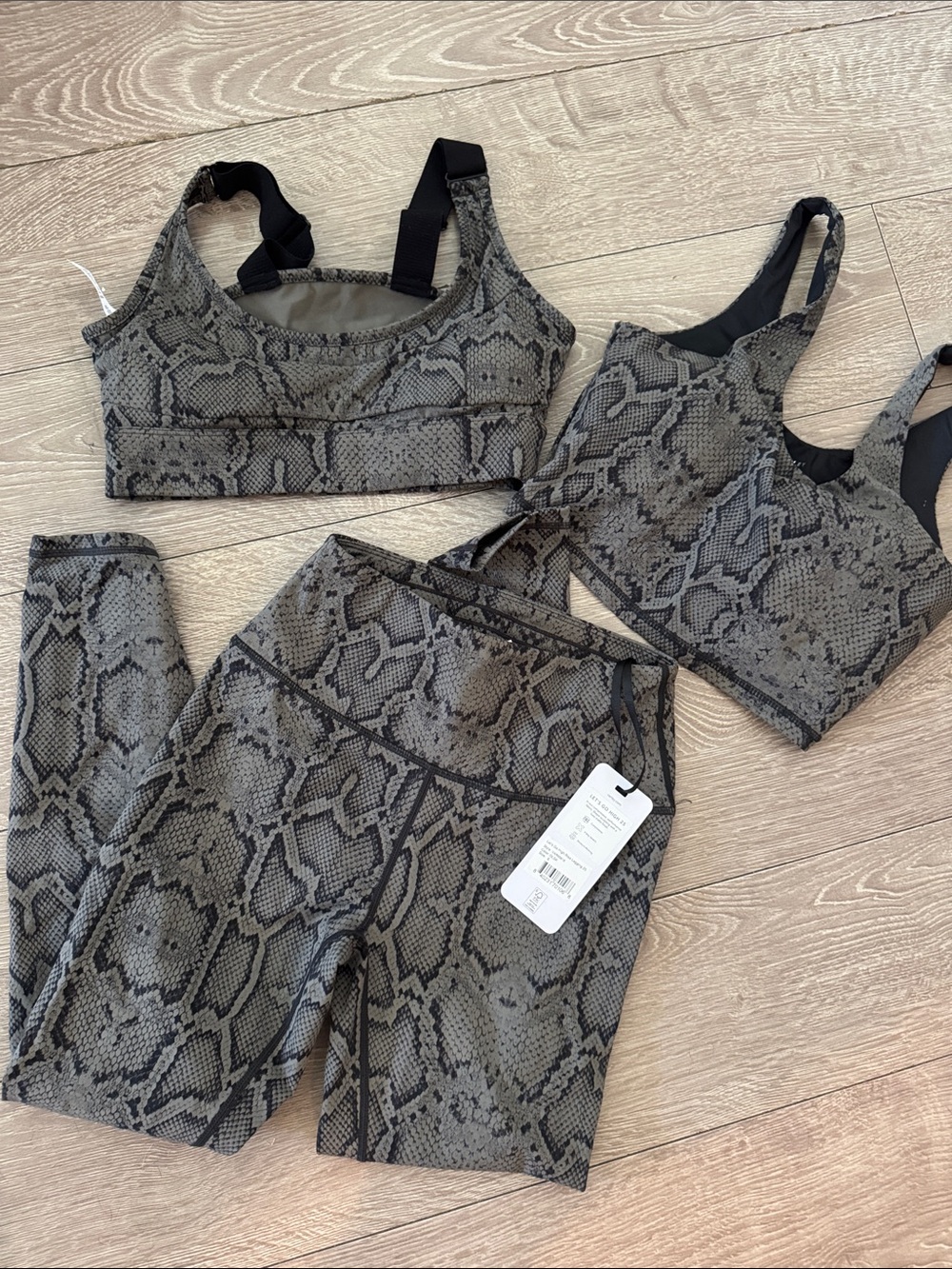 Varley Snake Print Activewear Set - 2 Gray Sports Bras & Leggings